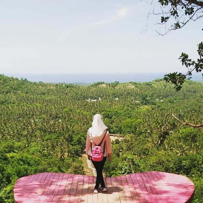 Wisatawan di atas papan berbentuk hati dengan pemandangan pepohonan hijau